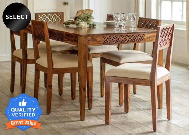Taskwood Furniture 6 SEATER DINING TABLE WITH Cream CUSHION FOR DINING ROOM Solid Wood 6 Seater Dining Set