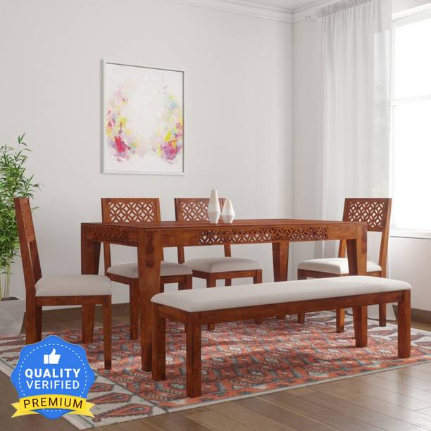 Taskwood Furniture Solid Sheesham Wood 6 Seater Dining Table With 4 Chairs, 1 Bench For Dining Room Solid Wood 6 Seater Dining Set