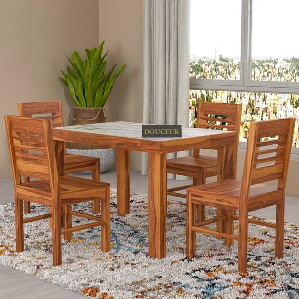 Douceur Furnitures Solid Wood White Marble Top Finish Four Seater Dining Set For Dining Room Solid Wood 4 Seater Dining Set