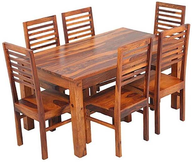 Deuba Solid Wood TOP 7 Dining Table Set Natural Teak Finish Solid Wood 6 Seater Dining Set