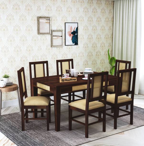 WOODSTAGE Sheesham Wood 6 Seater Cane Jali Dining Table with Cushion Chairs Solid Wood 6 Seater Dining Set