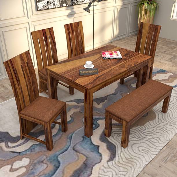 Taskwood Furniture Solid Sheesham Wood Six Seater Dining Set With Bench For Dining Room, Restaurant Solid Wood 6 Seater Dining Set