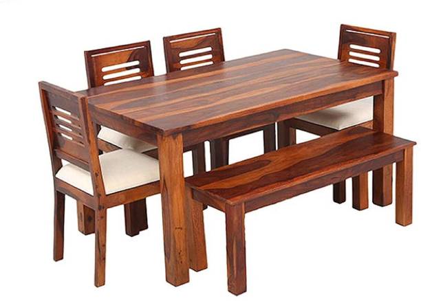 Deuba Solid Wood Urban Dining Table Set Natural Teak Finish Solid Wood 6 Seater Dining Set