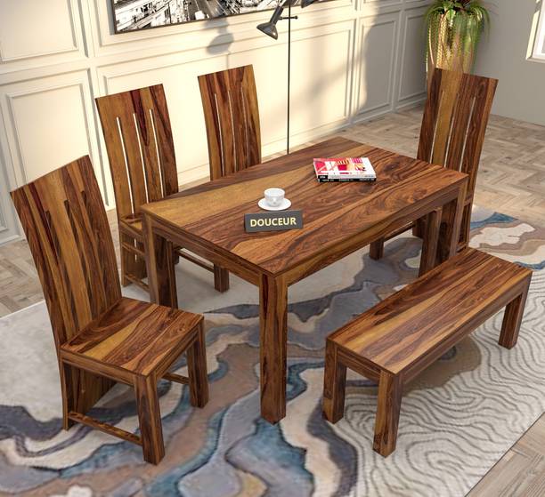 Douceur Furnitures Solid Sheesham Wood Six Seater Dining Set For Dining Room , Restaurant . Solid Wood 6 Seater Dining Set
