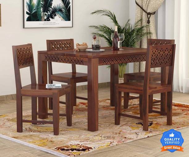 Flipkart Perfect Homes Sheesham Wood Four Seater CNC Designed Dining Set For Dining Room/ Restaurant || Solid Wood 4 Seater Dining Set