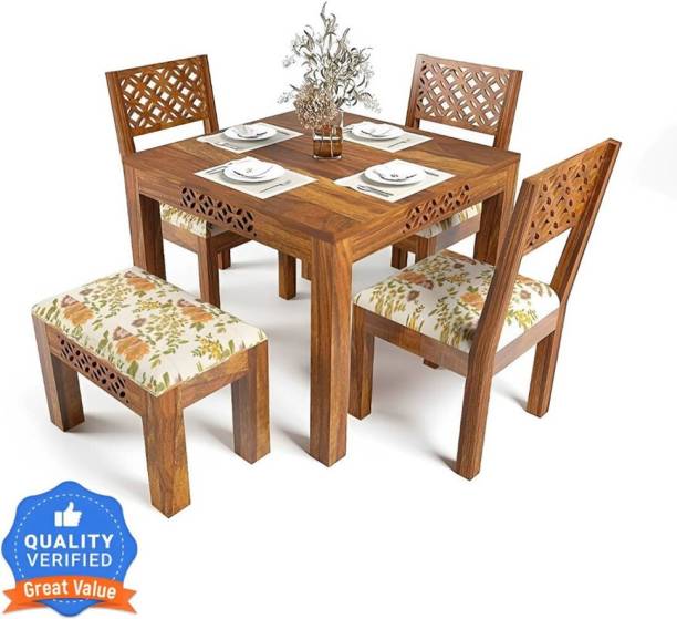 Taskwood Furniture Solid Sheesham 3 Chair, 1 Bench Solid Wood 4 Seater Dining Set
