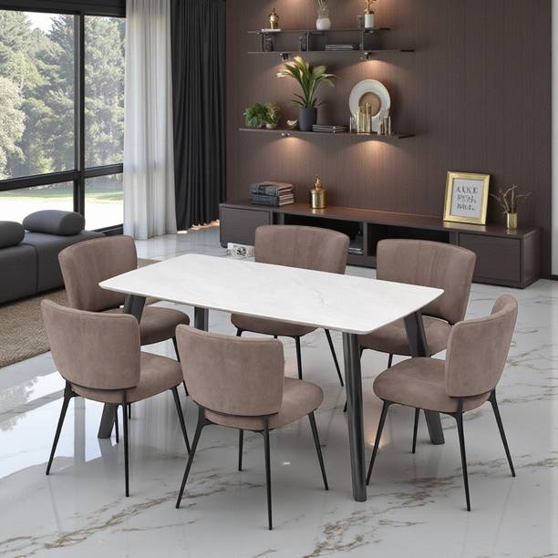 THE ATTIC The Attic Helios Marble 6 Seater Dining Set,Beige,Titanium & Cream,160Cms Metal 6 Seater Dining Set
