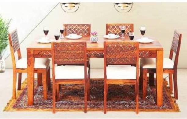 MODI EXPORT Solid Sheesham Wood Dining Set CNC For Home Cafe Hotel Diningroom Honey Finish Solid Wood 6 Seater Dining Set