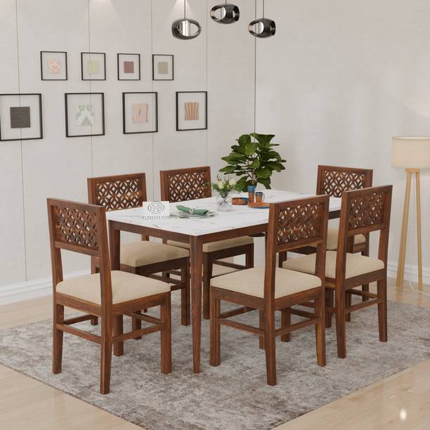 Floresta Wud Kalon Marble Solid Wood 6 Seater Dining Table Set With Engineer Wood Table Top | Solid Wood 6 Seater Dining Set