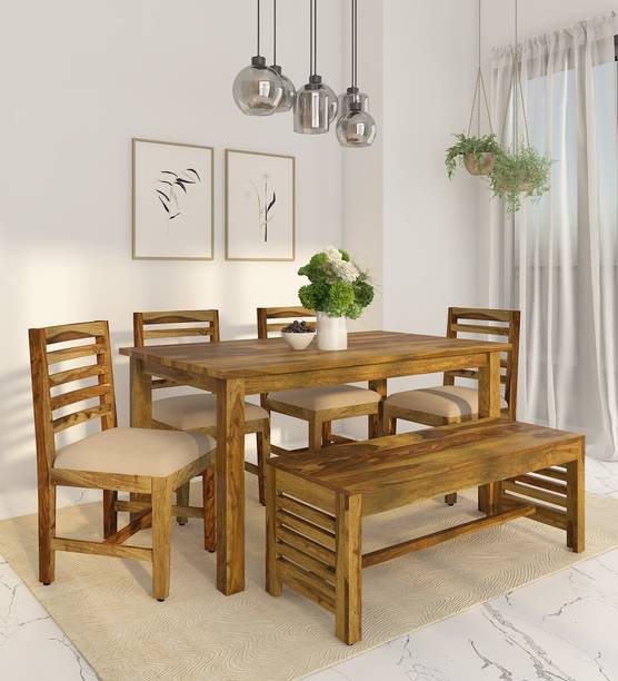 LOONART Solid Sheesham Wood Six Seater Dining Set With Bench For Dining Room, Café. Solid Wood 6 Seater Dining Set