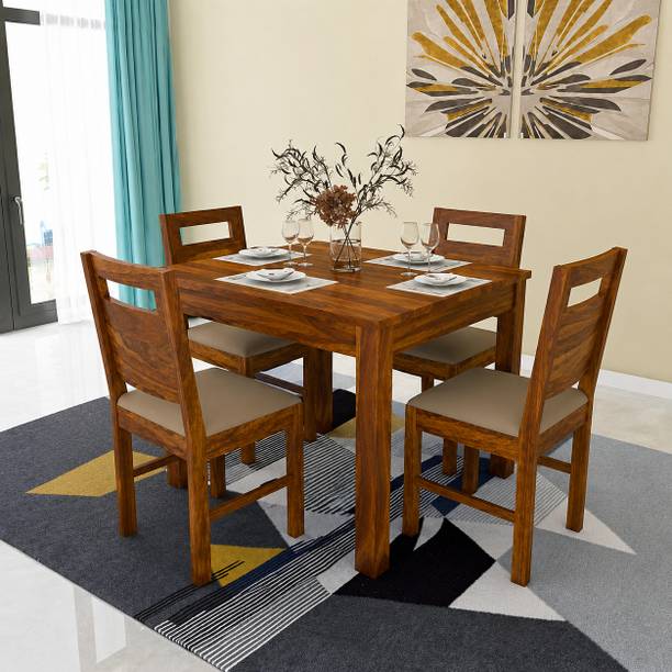 Devsignature Sheesham Wood Square Dining Table Set with Cushioned Chairs For Home | Solid Wood 4 Seater Dining Set