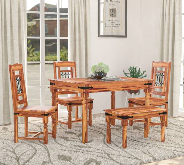 LOONART Solid Sheesham Wood Four Seater Dining Set With Chairs & Bench For Dining Room | Solid Wood 4 Seater Dining Set