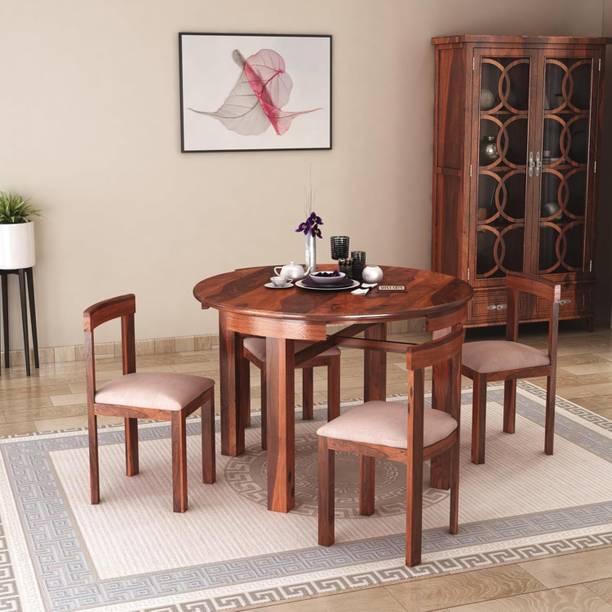 Worldwood Solid Sheesham Wood Round Dining Table Set of 4 Seater Dinner Dinning Table Solid Wood 4 Seater Dining Set