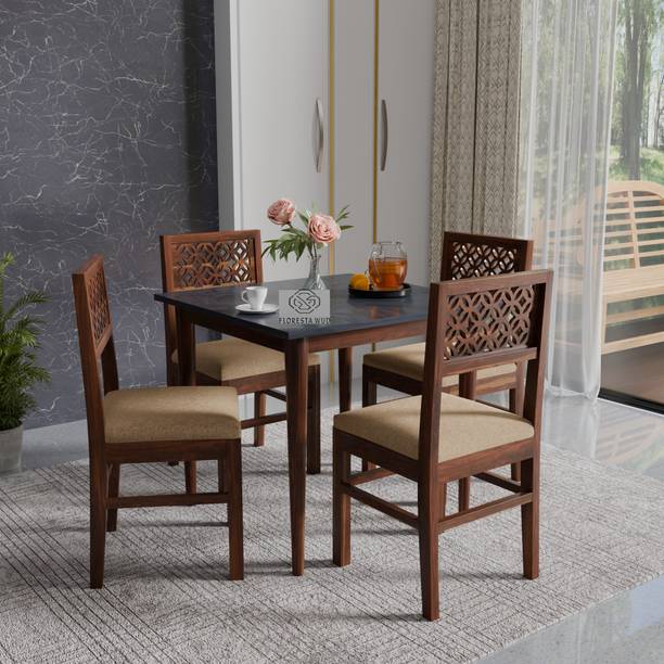 Floresta Wud Volcano Marble Solid Wood 4 Seater Dining Table Set With Engineer Wood Table Top Solid Wood 4 Seater Dining Set
