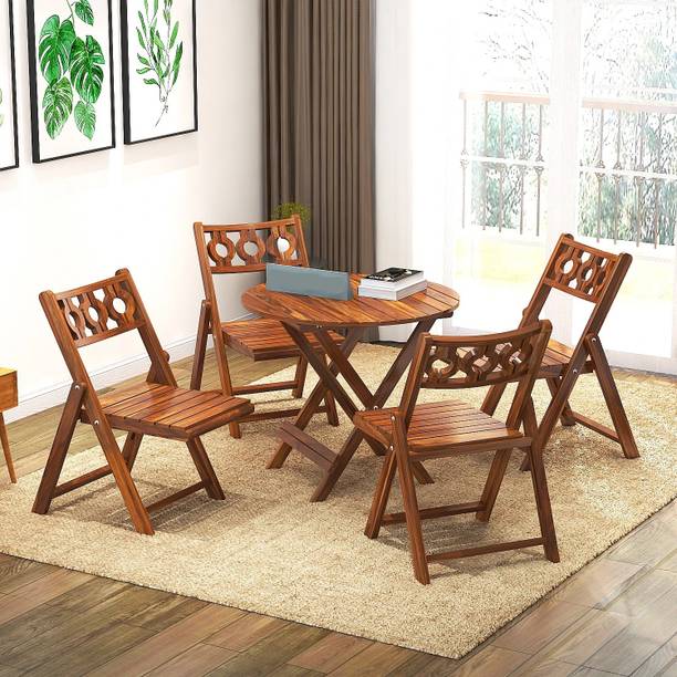 FLIPWOOD Wooden Folding Chairs of 4 Set with Round Folding Table for Garden Balcony Use Solid Wood 4 Seater Dining Set