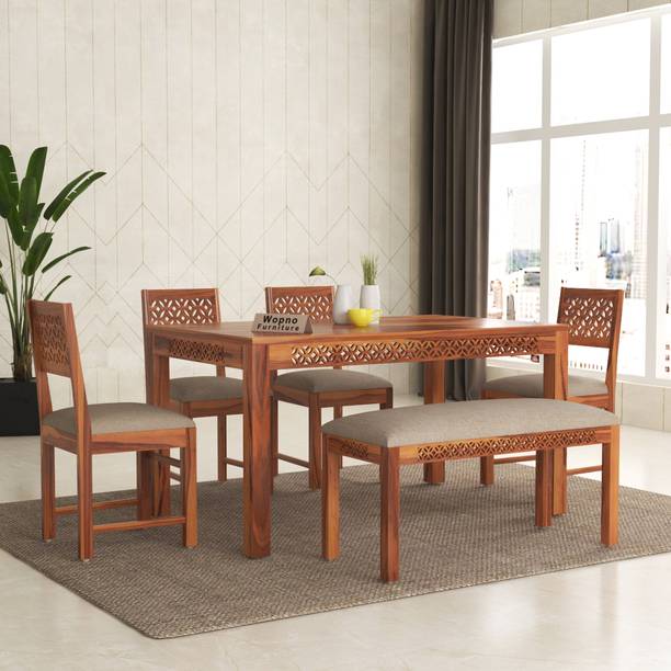 Wopno Furniture Sheesham Wooden 4 Cushioned Chairs with 1 Bench Dining Table Set for Dining Room Solid Wood 6 Seater Dining Set