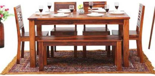 Taskwood Furniture Premium Quality Sheesham Solid Wood Six Seater Dining Table Set With Four Chair And One Bench For Dining Room | Finish - Natural Teak Solid Wood 6 Seater Dining Set