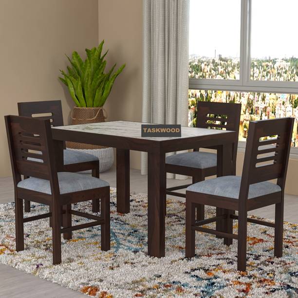 Taskwood Furniture Solid Wood White Marble Top Finish Four Seater Dining Set For Dining Room Solid Wood 4 Seater Dining Set