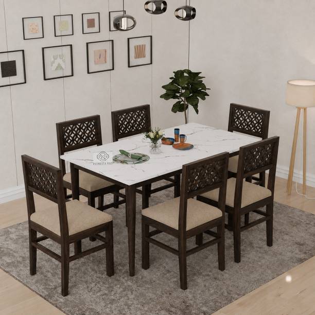 Floresta Wud Kalon Marble Solid Wood 6 Seater Dining Table Set With Engineer Wood Table Top | Solid Wood 6 Seater Dining Set