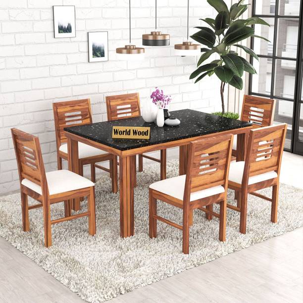 mp enterprises Sheesham Wood Marble Finish Table Top Dining set For Home/Hotel Solid Wood 6 Seater Dining Set