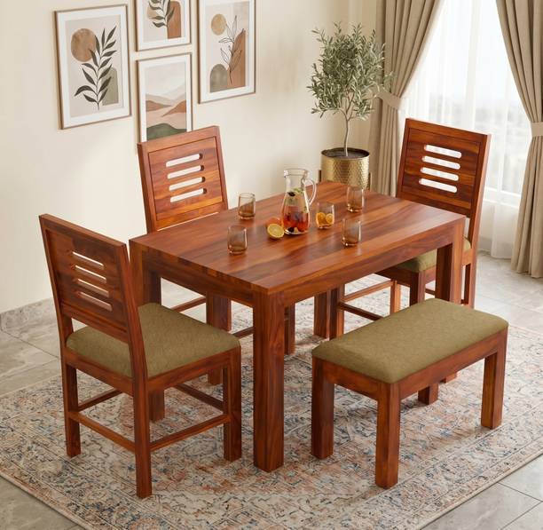 TIMBERFLEX Sheesham Wood Dining Table Set with Cushioned Chair & Bench | For Home & Cafe | Solid Wood 4 Seater Dining Set