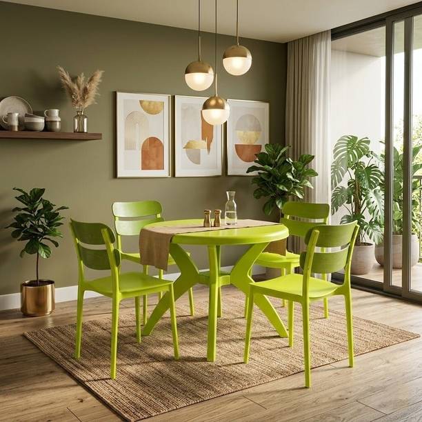 TrendyLivings Round Dining Table with 4 Chairs for Home, Balcony, Garden, Cafe, Restaurant Plastic 4 Seater Dining Set