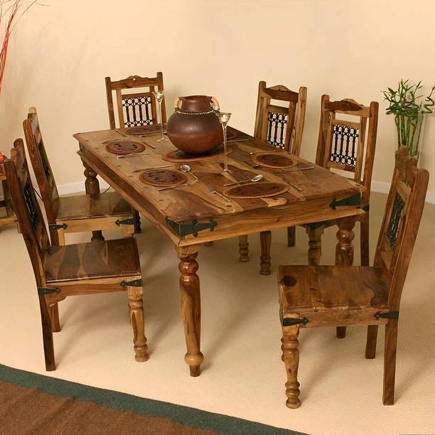 LOONART Solid Wood Six Seater Dining Set For Dining Room / Restaurant Solid Wood 6 Seater Dining Set