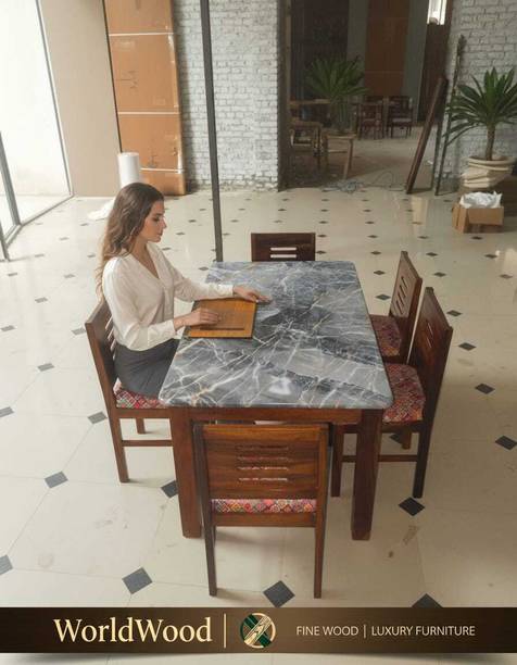 Worldwood Italian Marble Finish Table Top With Rajasthani Hand Block Printed Chair Solid Wood 6 Seater Dining Set