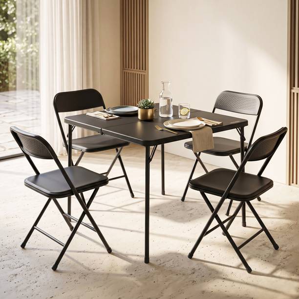 Drogo Indoor & Outdoor Use Foldable 4 Seater Dining Set With Metal Frame - Portable Metal 4 Seater Dining Set