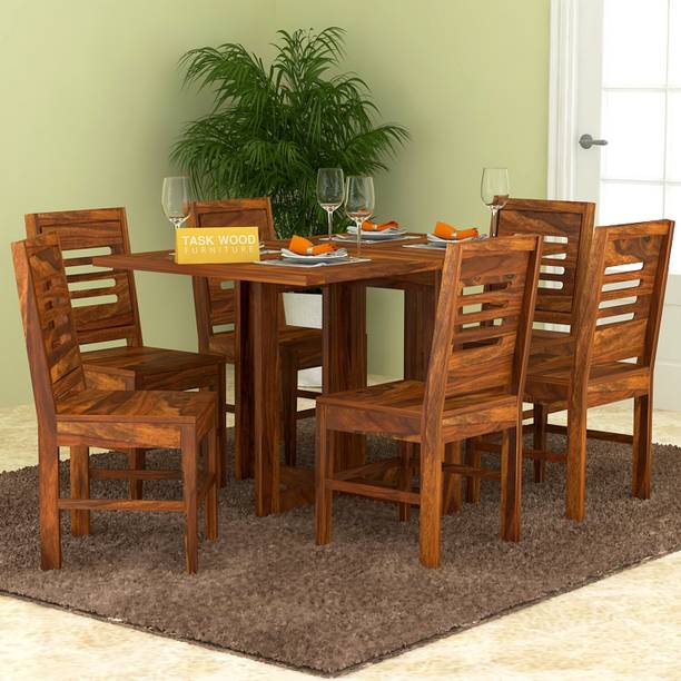 Taskwood Furniture Solid Sheesham Wood Foldable 6 Seater Dining Table With 6 Chairs For Dining Room Solid Wood 6 Seater Dining Set