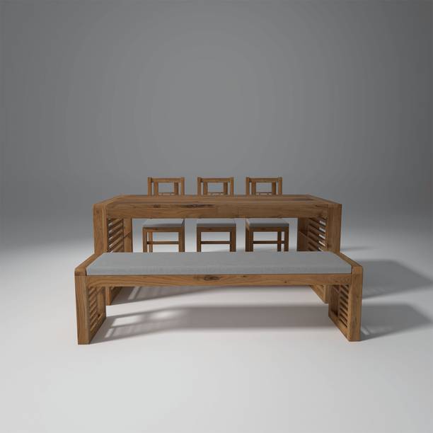 Wakeup India Garten Acacia Wood 6 Seater Dining Table 3 Chair 3 Seater Bench with Cushion Solid Wood 6 Seater Dining Table
