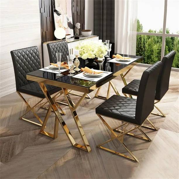 NG Decor Dochic Modern Black Rectangle Tempered Glass Dining Table Glass 6 Seater Dining Table