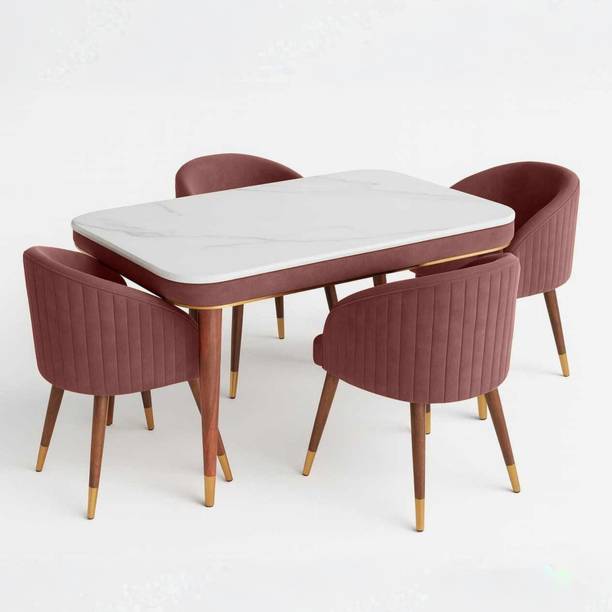 Woodenspace 4 Seater Wooden Dining Table Set | Urban Marble Top Dining Table with Chairs Solid Wood 4 Seater Dining Table