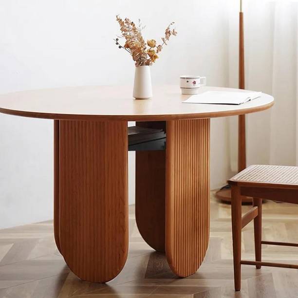 NG Decor Japandi Storage Dining Room Table Cherry Round Wood Table for 4 Person Engineered Wood 4 Seater Dining Table