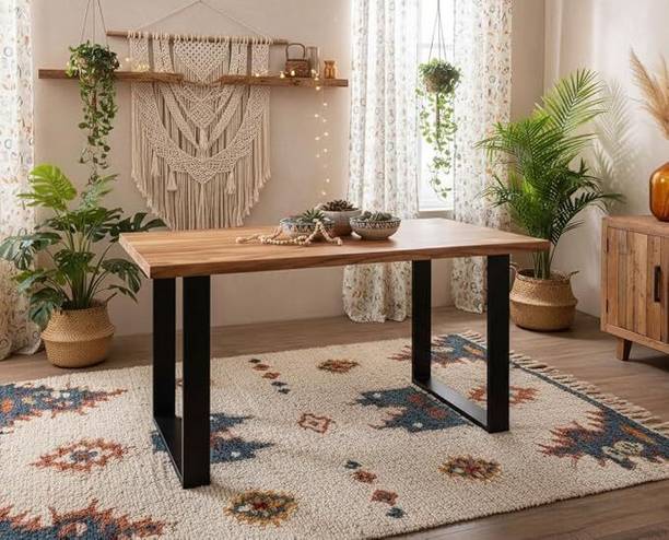 BAMNIYA HANDICRAFTS akland Dining Table Sheesham Wood Top with Iron Legs – Conference Table (Small) Solid Wood 4 Seater Dining Table