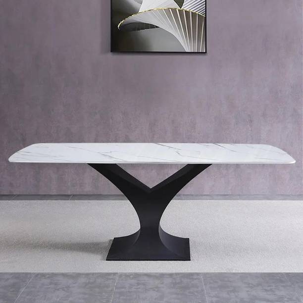 NG Decor Modern Rectangle Stone Dining Table Metal Y-Base Stone 8 Seater Dining Table