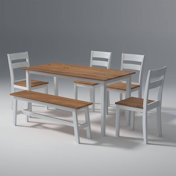 Wakeup India Flay 6 Seater Mangowood Dining Table Set with 4 Chairs and 2 Seater Bench Solid Wood 6 Seater Dining Table