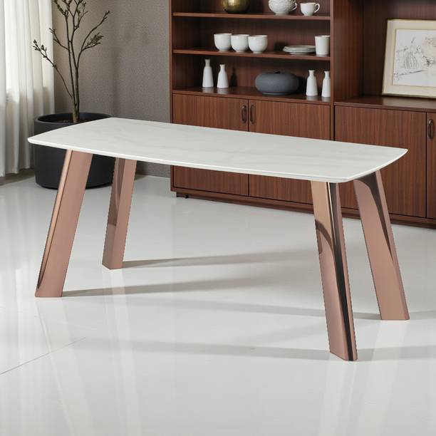 THE ATTIC The Attic Elephanta Dining Table 160 cms | White Faux Marble Top & High Gloss Metal 6 Seater Dining Table
