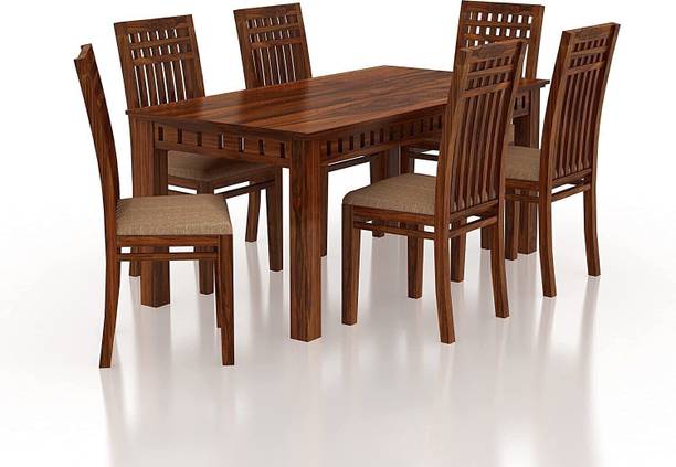 Ganpati Arts Wood Armania 6 Seater Dining Table Set with 6 Cushion Chairs For Home Solid Wood 6 Seater Dining Table