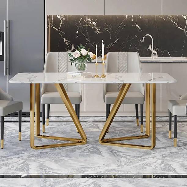 NG Decor Marby Modern Rectangle Faux Marble Dining Table Gold Base Stainless Steel Stone 6 Seater Dining Table
