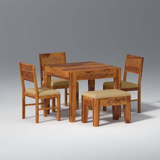 Wakeup India Lagasse Sheesham Wood 4 Seater Dining Table Set 3 Chair, 1 Seater Bench Cushion Solid Wood 4 Seater Dining Table