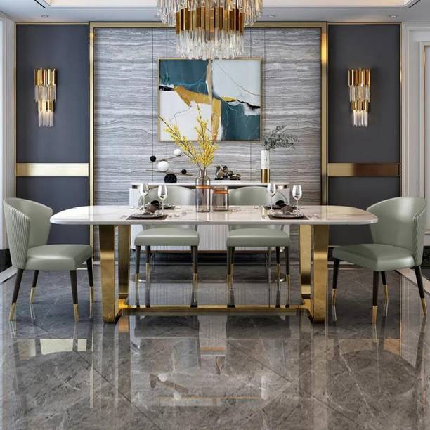 NG Decor Dining Table with Marble Top & Stainless Steel Base Stone 6 Seater Dining Table