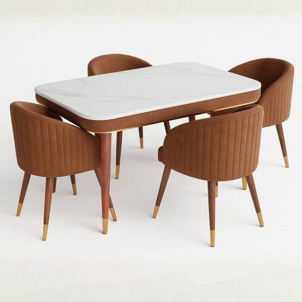 Woodenspace 4 Seater Wooden Dining Table Set | Urban Marble Top Dining Table with Chairs Solid Wood 4 Seater Dining Table