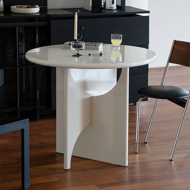 KDINTERIORS White Round Dining Table for 4 Seaters with Cross Base Engineered Wood 4 Seater Dining Table