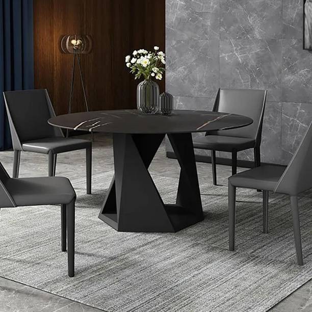 NG Decor Mhexagon Classic Black Round Sintered Stone Top Dining Table Carbon Steel Base Stone 6 Seater Dining Table