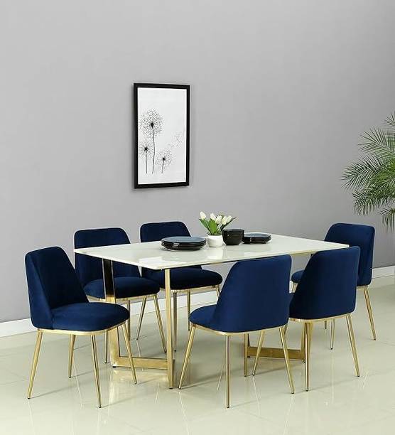 FURNEEZY Nairobi Marble Sintered Stone Dining Table- Antique Gold Leg With 6 Seater Metal 6 Seater Dining Table