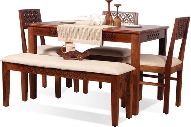 ROYAL FINISH Carvo 3 Chairs & 1 Bench,Special Handicraft Design,Natural Colour,Matte Finished Solid Wood 6 Seater Dining Table