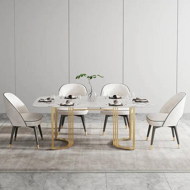 NG Decor Faux Marble Dining Room Table for 8 Person White Rectangular Top in Gold Stone 8 Seater Dining Table
