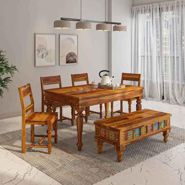 Wakeup India Keller 6 Seater Sheesham Wood Dining Table Set with 4 Chairs and 2 Seater Bench Solid Wood 6 Seater Dining Table