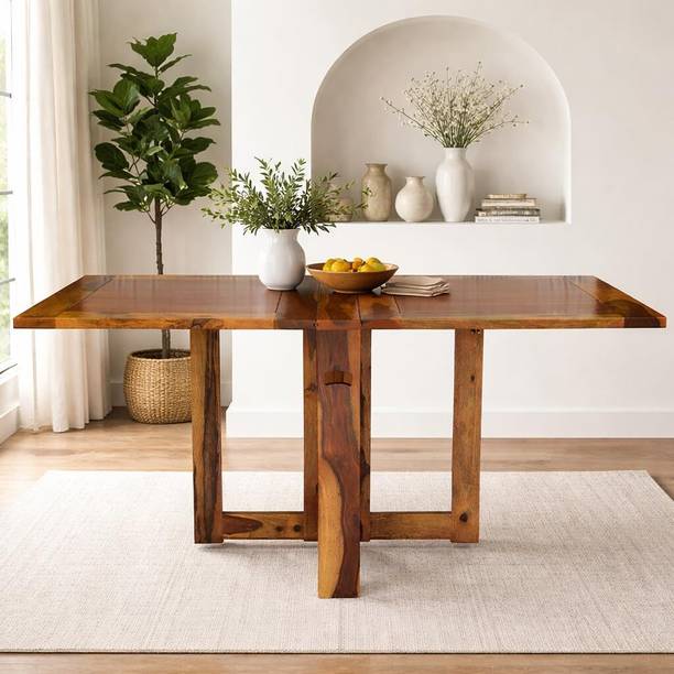 Nidran Solid Sheesham Foldable Dining Table Compact Design (Plain Top | Honey Finish) Solid Wood 6 Seater Dining Table